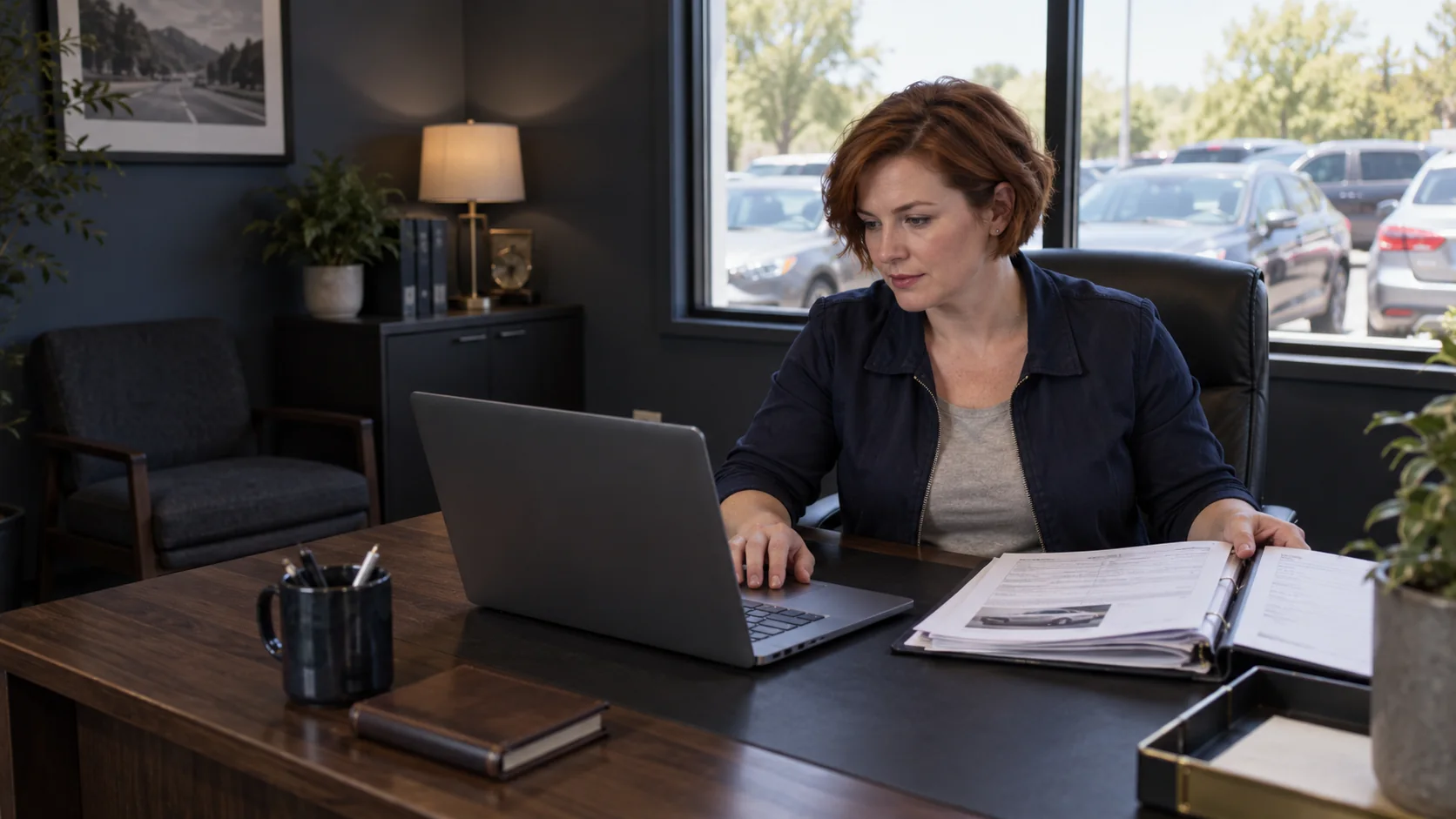 Illustrative independent vehicle dealer reviewing a vehicle file at her laptop