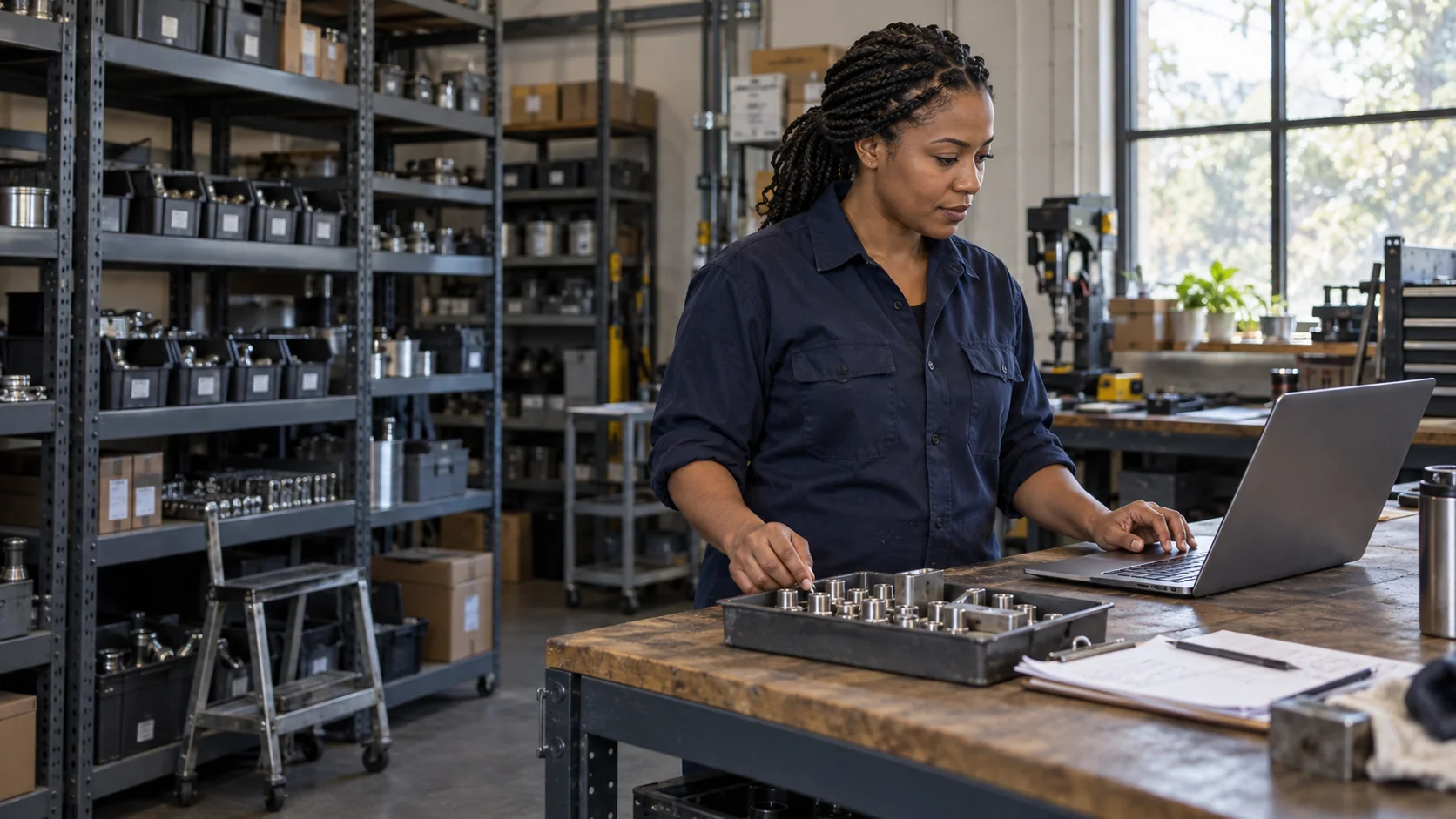 Illustrative inventory coordinator checking parts beside her laptop in a storeroom