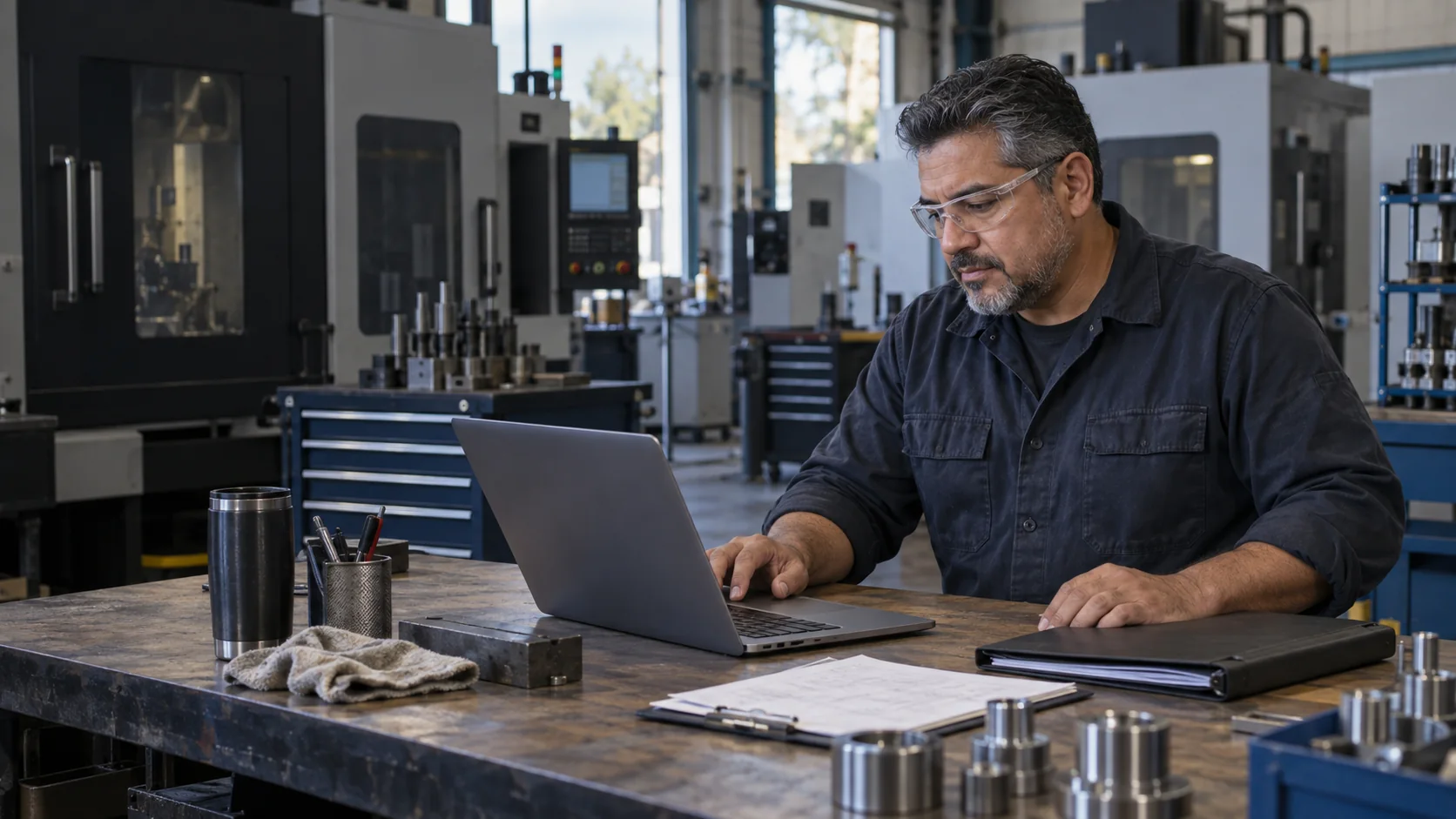 Illustrative maintenance lead reviewing equipment records at a workbench