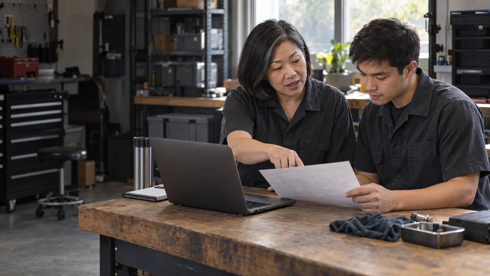Illustrative trainer and trainee reviewing a procedure together at a laptop